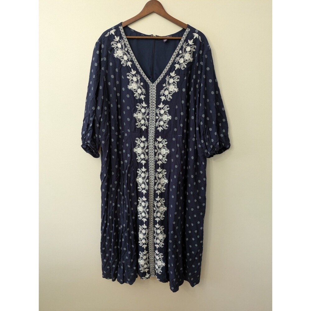 Roamans Midi Dress Embroidered Boho Flowy V-Neck Navy Blue 3/4 Sleeve 26 / 28 2X